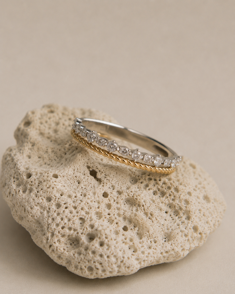 Anillo Doble Oro Amarillo/Oro Blanco y Brillantes