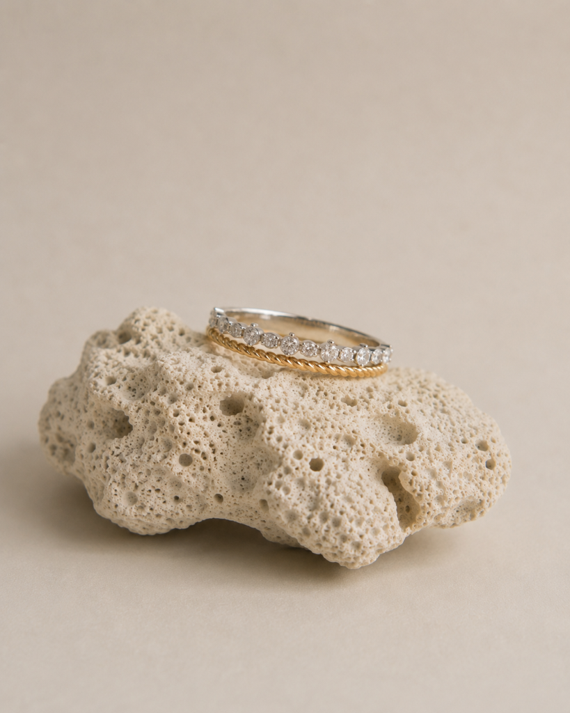 Anillo Doble Oro Amarillo/Oro Blanco y Brillantes