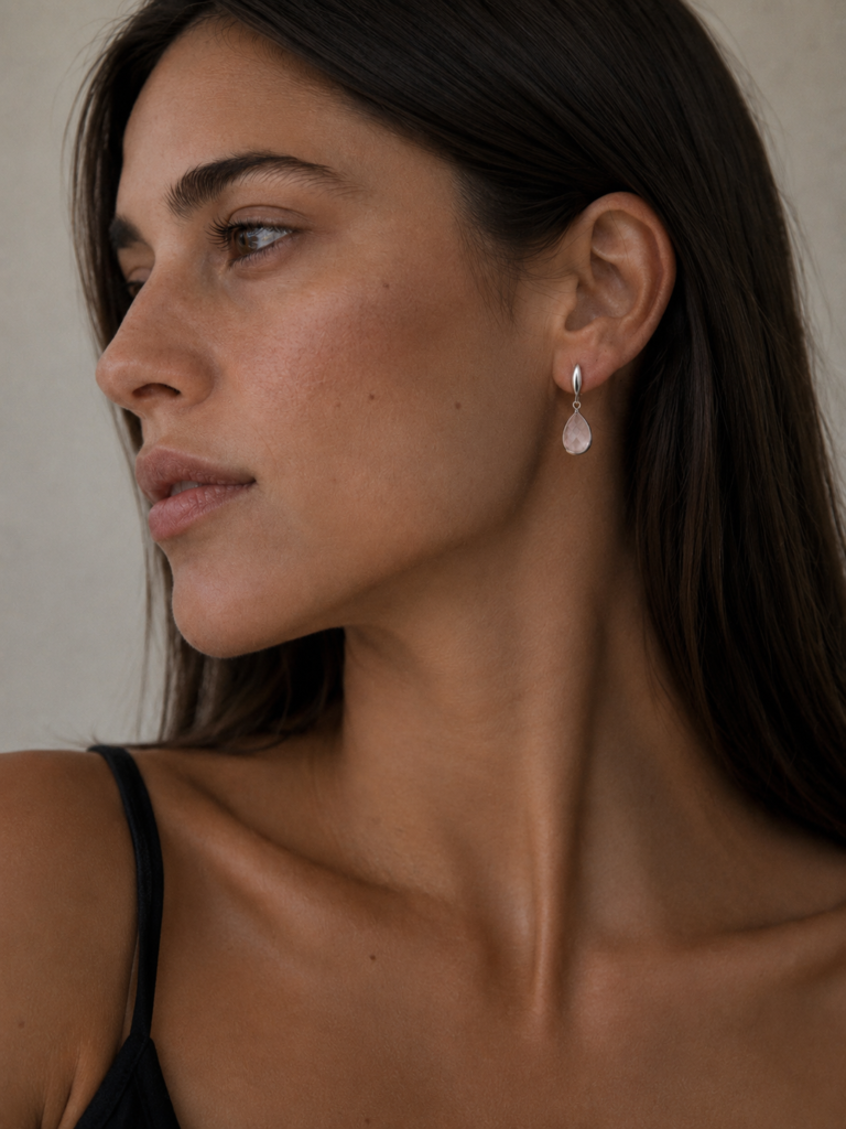 Aros Oro Blanco/Cuarzo Rosa