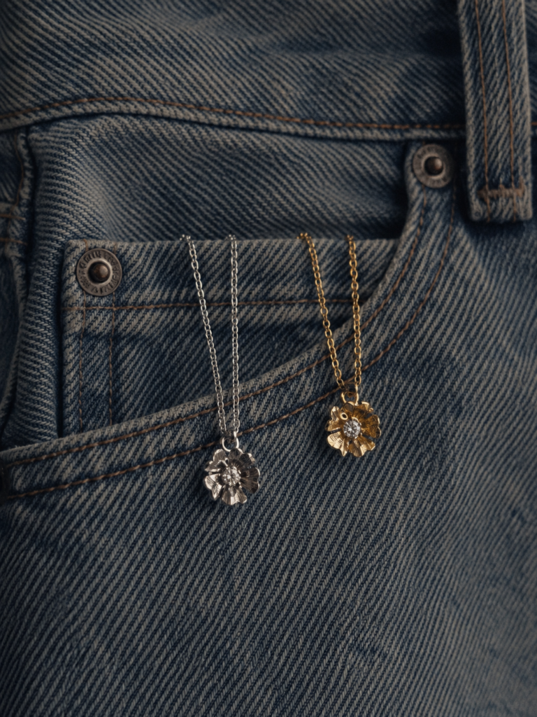 Collar Plata/Baño Amarillo Flor con Circón