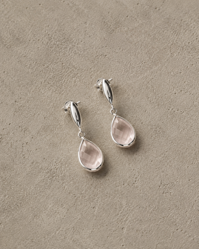 Aros Oro Blanco/Cuarzo Rosa