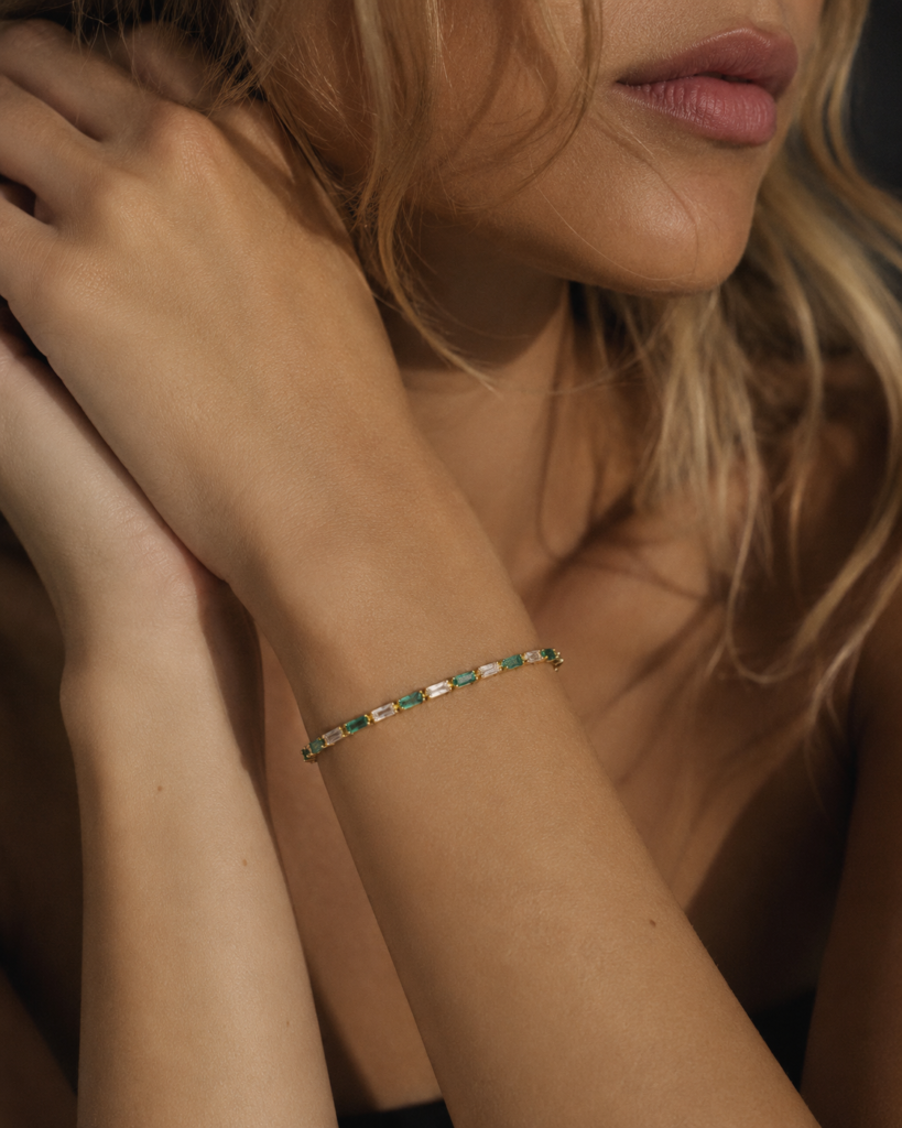 Pulsera Plata Baño Amarillo Circones rectangulares Verdes y Blancas