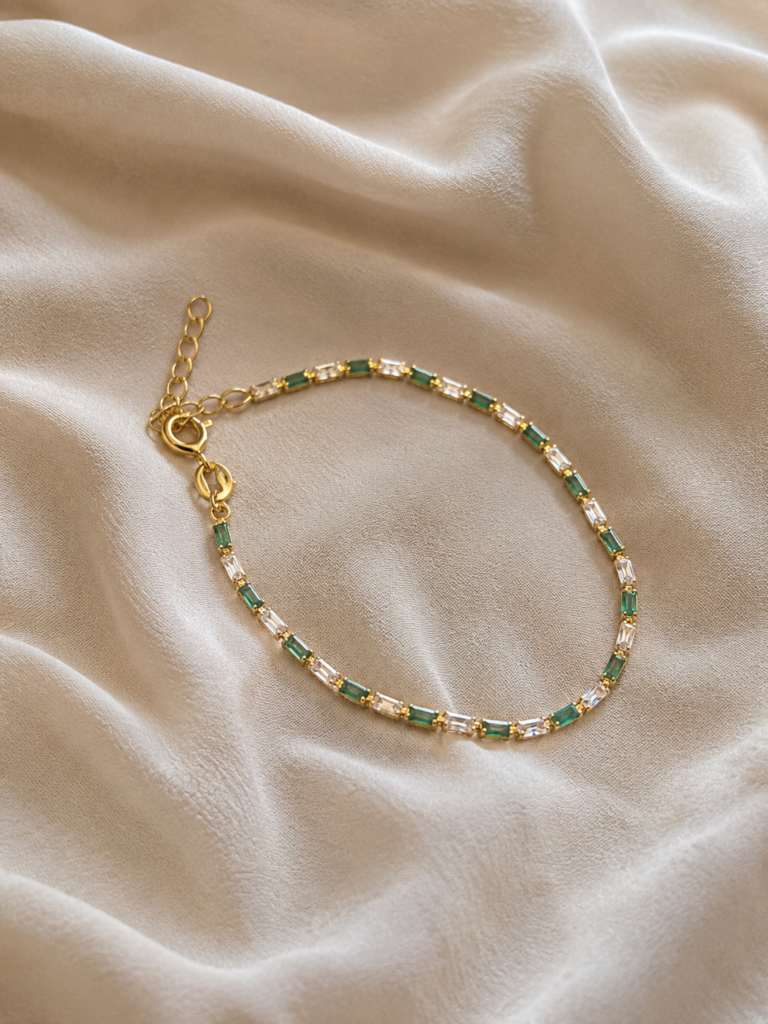 Pulsera Plata Baño Amarillo Circones rectangulares Verdes y Blancas