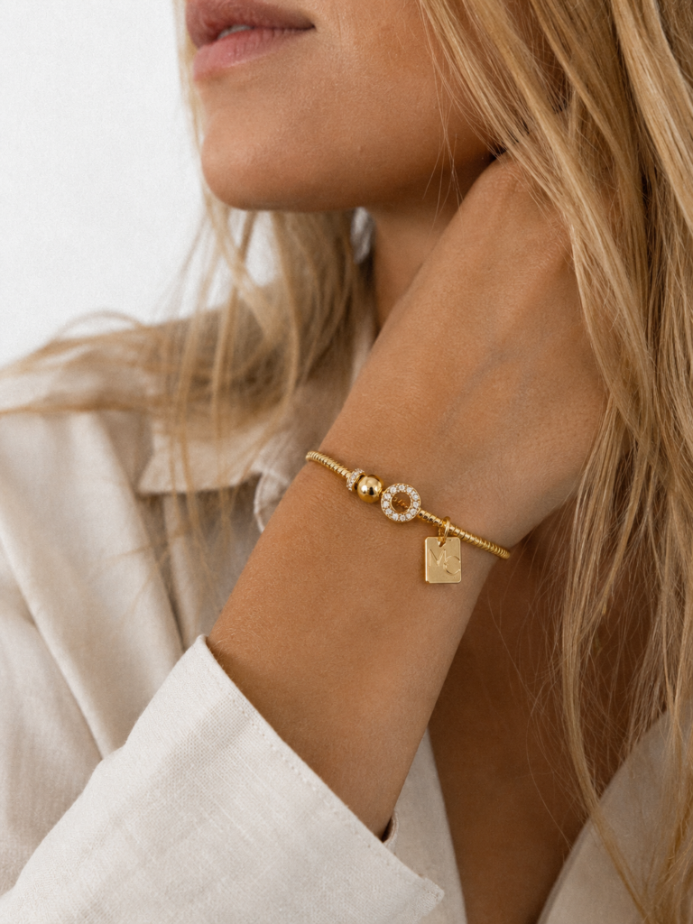 Pulsera/Esclava Plata Baño Amarillo Rigida Tope bolita y Circulo Circones