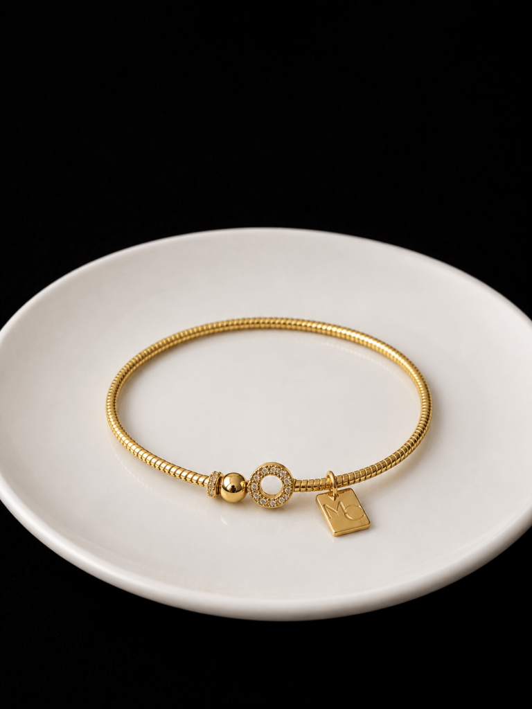 Pulsera/Esclava Plata Baño Amarillo Rigida Tope bolita y Circulo Circones