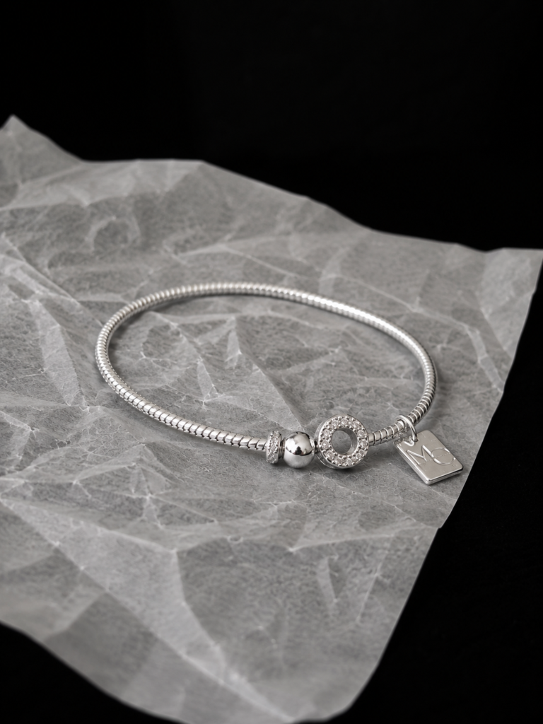 Pulsera/Esclava Plata Rigida Tope bolita y Circulo Circones
