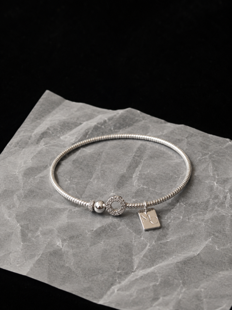 Pulsera/Esclava Plata Rigida Tope bolita y Circulo Circones