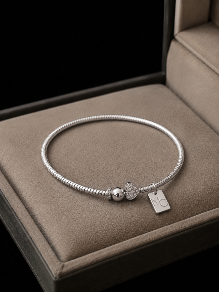 Pulsera/Esclava Plata Rigida Tope redondo y corazón Circones