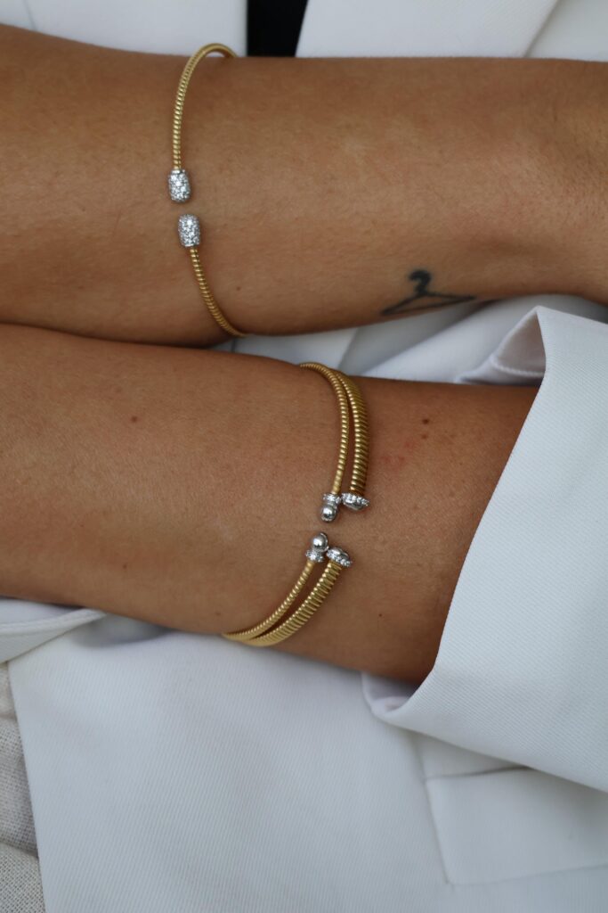 Pulsera/Esclava Plata Baño Amarillo Rigida Bolita Circones