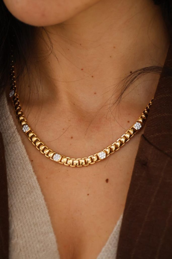 Collar Tejido Plata Baño Oro con Circones